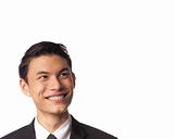 Young Asian Corporate Man Looking Up Over White Background