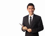 Young Asian Corporate Man with Tablet PC over White Background