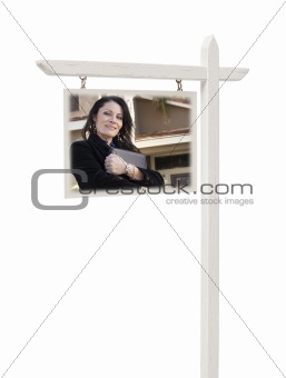 Isolated Real Estate Sign with Clipping Path - Hispanic Female Agent and House.