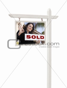 Isolated Real Estate Sign with Clipping Path - Hispanic Female Agent and Sold Sign.