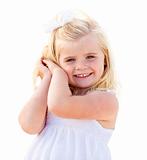 Adorable Little Blonde Girl Having Portrait Isolated on a White Background.