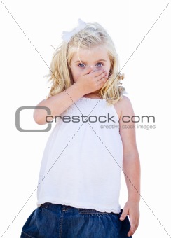 Adorable Blue Eyed Girl Covering Her Mouth Isolated on a White Background.