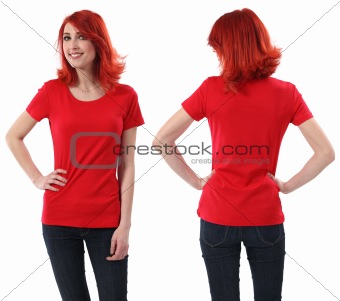 Redhead female with blank red shirt