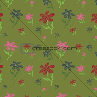 Green seamless background with flowers