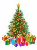 decorated christmas tree, presents, isolated on white