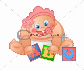 Baby Girl Playing with Alphabet Blocks
