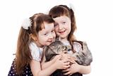 smiling little girl twins holding a kitten in their hands