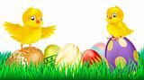 Cute yellow chicks on Easter eggs