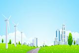 Green Landscape with Wind Power Station Road and Modern City
