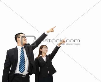 asian businessman and businesswoman pointing at something and is