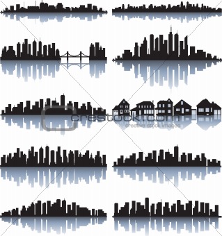 Black cityscape silhouette with reflection