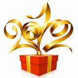 New Year and Christmas background with vector golden ribbon and gift box