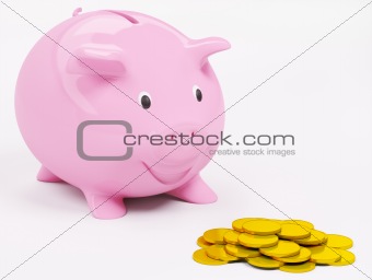 Happy piggybank and coins 3d render