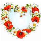 Vector flower frame in the shape of heart. Poppy and Camomile