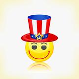 Yellow Round Smiley Face Wearing American Hat. Vector Illustration on 4th July