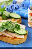 Sandwich with ham and  cucumber  on the wooden cutting board