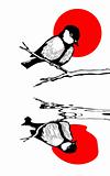 bird on branch silhouette on solar background, vector illustrati