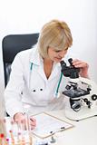 Senior doctor woman working with microscope