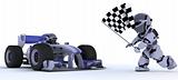 Robot in race car winning at chequered flag