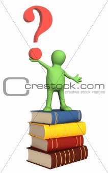 Puppet with books and question mark