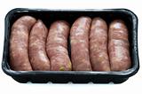 raw pork and apple sausages in a black plastic tray
