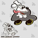 Cartoon illustration of a funny cute dog leaning out of car window.