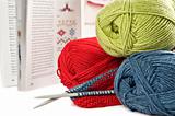 Yarn needles pattern and knitting on white