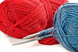Woollen thread and knitting needle. Needlework accessories on white background.