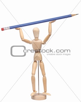 wood mannequin holding a pencil over white