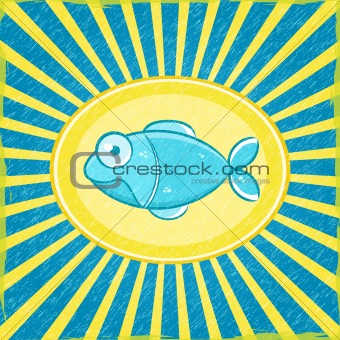 Grunge Yellow Blue Radial Striped Card with Cyan Fish. Vector Illustration