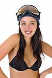 happy young woman in underwear in the goggles
