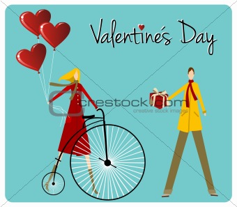 Couple with retro bike Valentines day greeting card