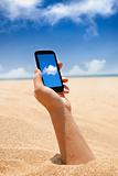 smart phone in hand and beach view with cloud computing concept