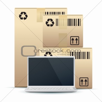 Laptop with Cardboard Boxes Isolated on White