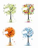 Four seasons - spring, summer, autumn, winter. Art trees in pots for your design