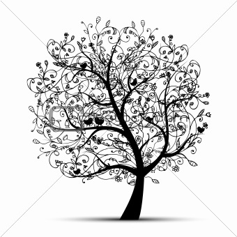 Art tree beautiful, black silhouette for your design 