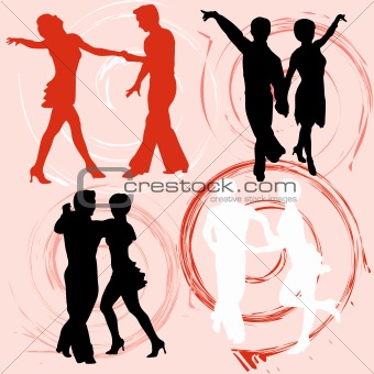 Set of vector silhouettes dancing mans and womans