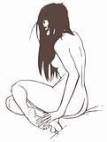 Nude girl seen from behind, nude art, vector illustration