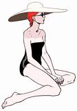Young sexy woman in swimsuit with a large hat, vector illustration