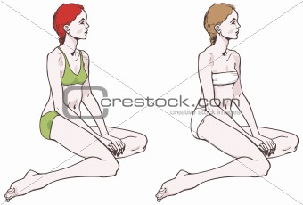 Naked girls in green swimsuit and underclothes, vector illustration