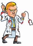 Cartoon blood covered menacing looking doctor