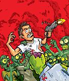 Cartoon of zombies attacking a man with a gun