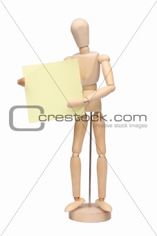 wood mannequin with a paper note over white