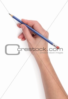 Writing hand with a blue pencil