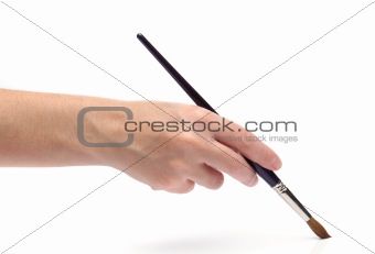 Woman hand paiting over white background