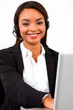 businesswoman with headset microphone