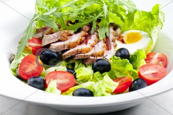 vegetable salad with fried duck breast slices and egg