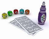 Bingo balls and card with dabber pen