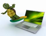 tortoise with surf board and laptop