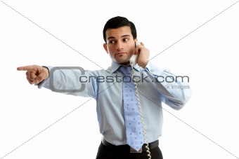 Businessman on telephone pointing